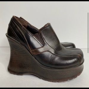 Vintage Y2K Platform Leather Wedge Oxfords Square Toe Brown/Orange 6